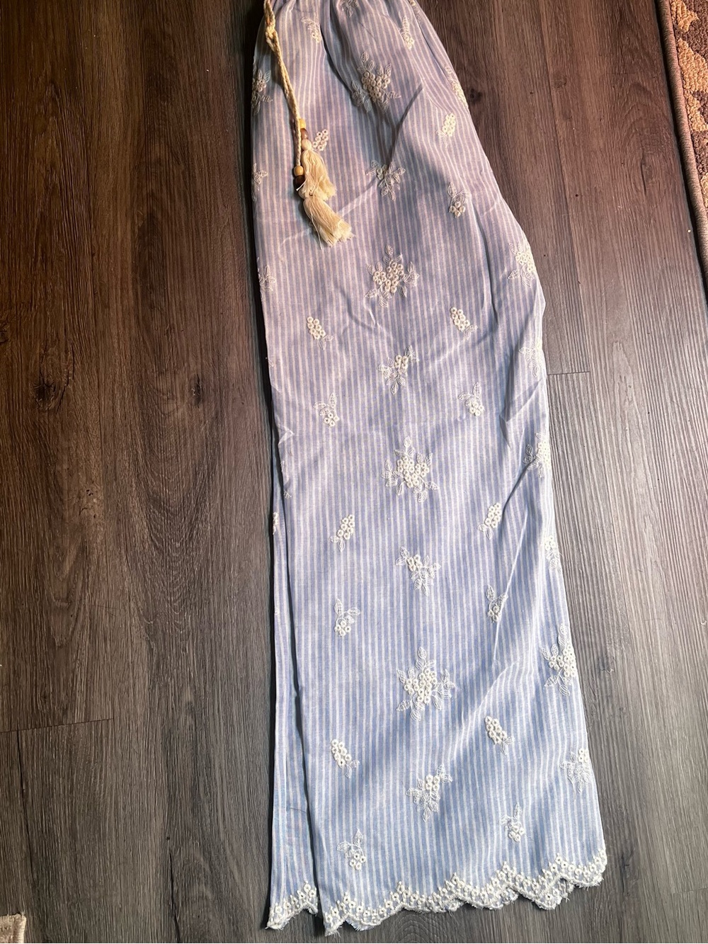 Light Blue Embroidered pants with Tassel Waist